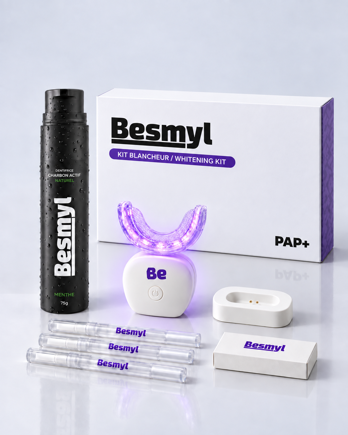 Kit de blanchiment dentaire Complet – Gel, gouttière, lampe LED + dentifrice charbon actif