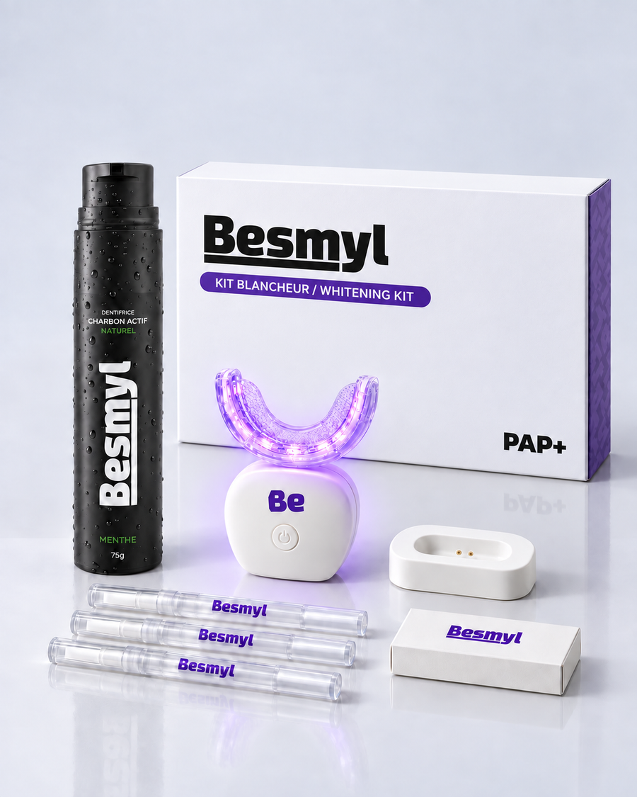 Kit de blanchiment dentaire Complet – Gel, gouttière, lampe LED + dentifrice charbon actif